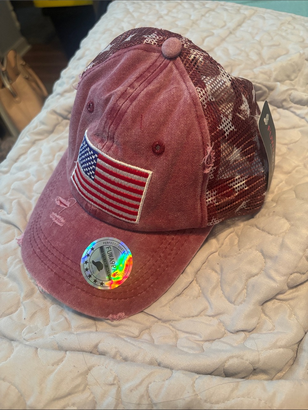 Women’s Distressed Red Mesh Trucker Hat with American Flag